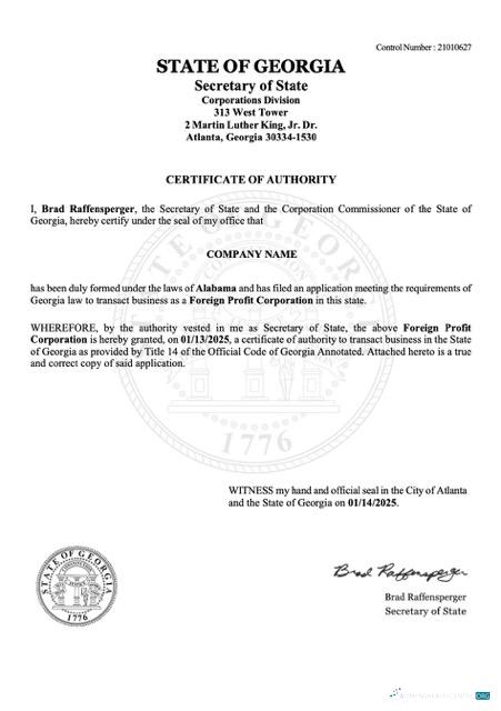 Download USA Georgia certificate of authority Word and PDF template Photoshop template